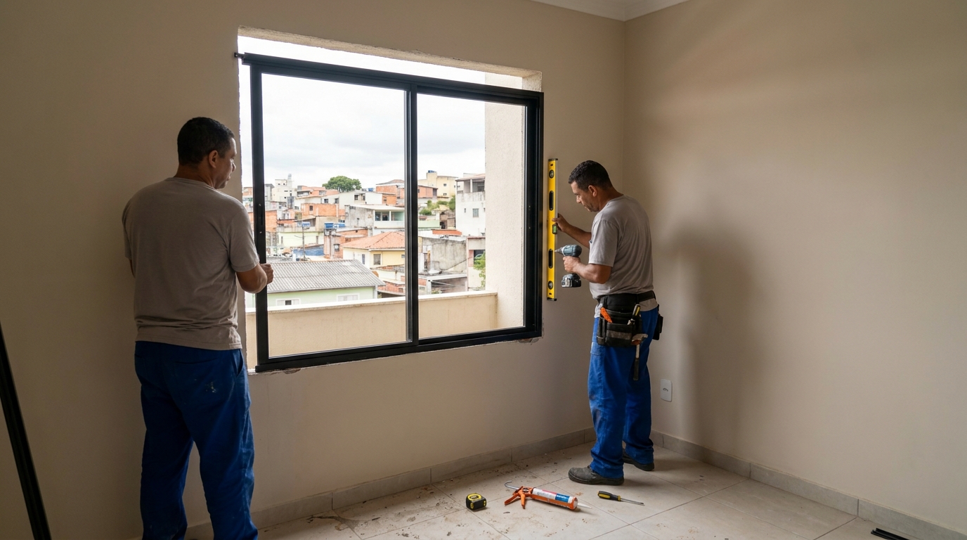 Esquadria de alumínio em quarto bege em Campo Grande-MS