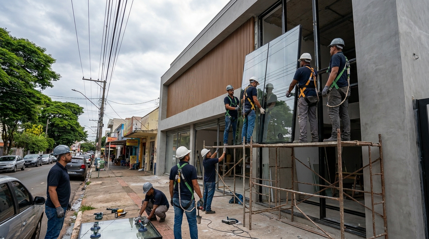 Fachada de vidro com andaime lateral em Campo Grande-MS