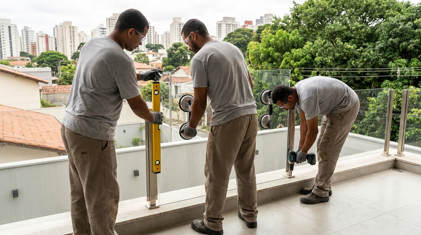 Guarda-corpo em terraço alto com vista cidade em Campo Grande-MS