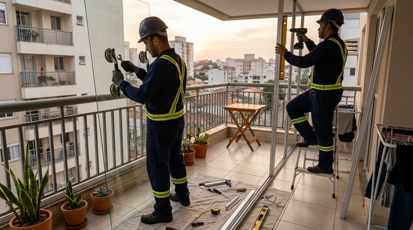 Instalação de parede de vidro em sacada em Campo Grande-MS