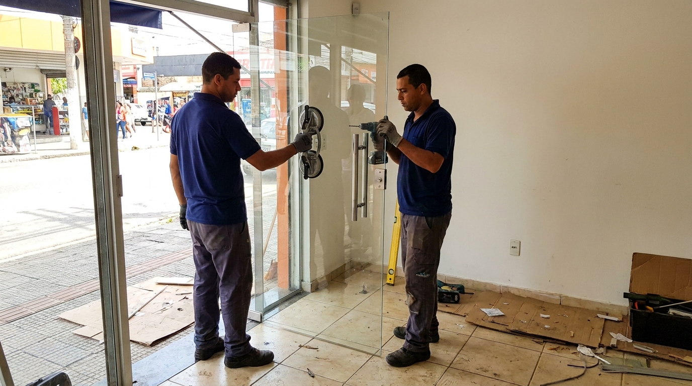 Porta de vidro de loja em rua movimentada em Campo Grande-MS