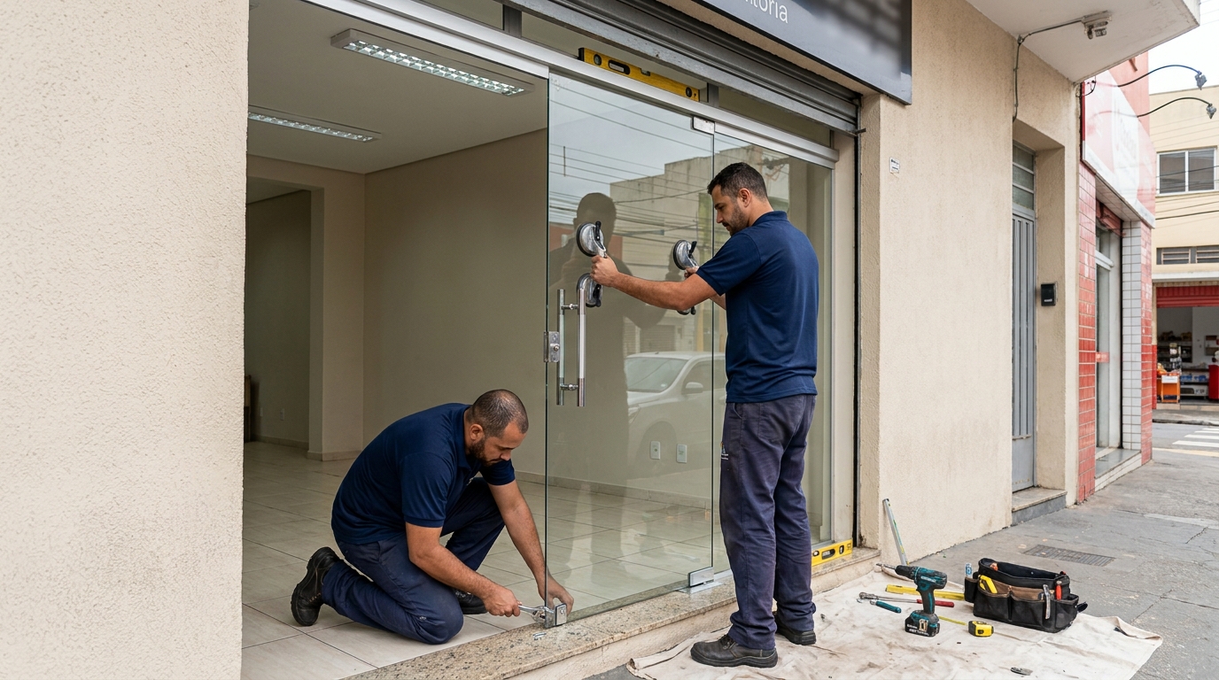 Porta de vidro com puxador inox em Campo Grande-MS